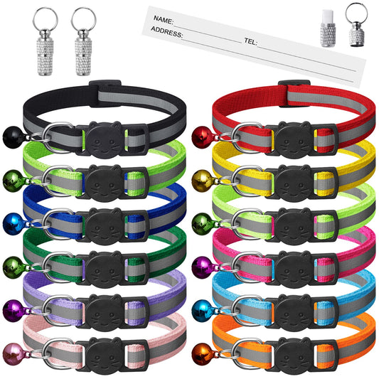 12-Pack Reflective Breakaway Cat Collars with Bells & ID Tags – Adjustable Safety Buckle for Kittens, Girl & Boy Cats, 12 Colors