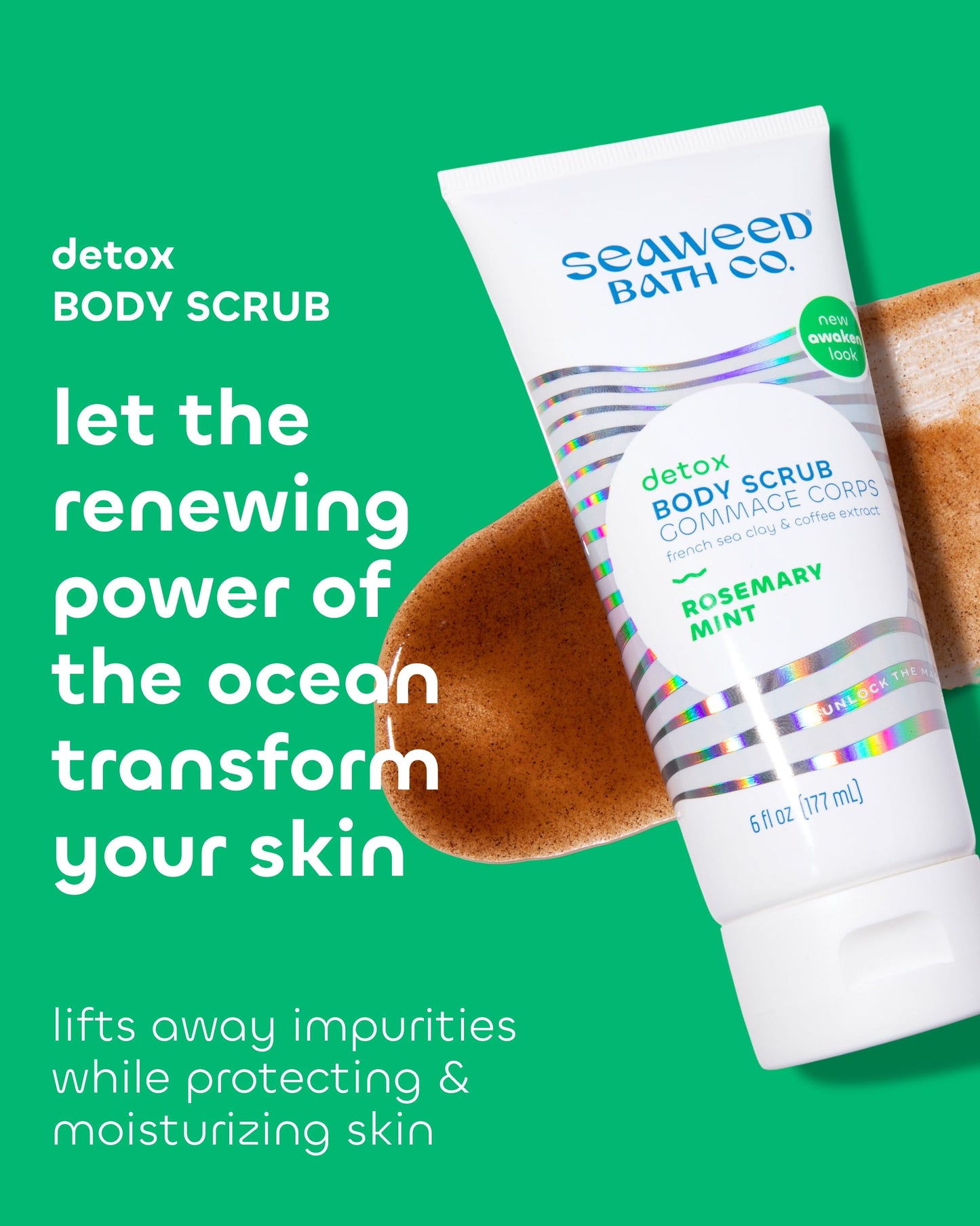 Seaweed Bath Co. Detox Body Scrub - Rosemary Mint - Exfoliating Skin Scrub Removes Dead Skin & Impurities - With French Sea Clay, Coffee Bean Extract