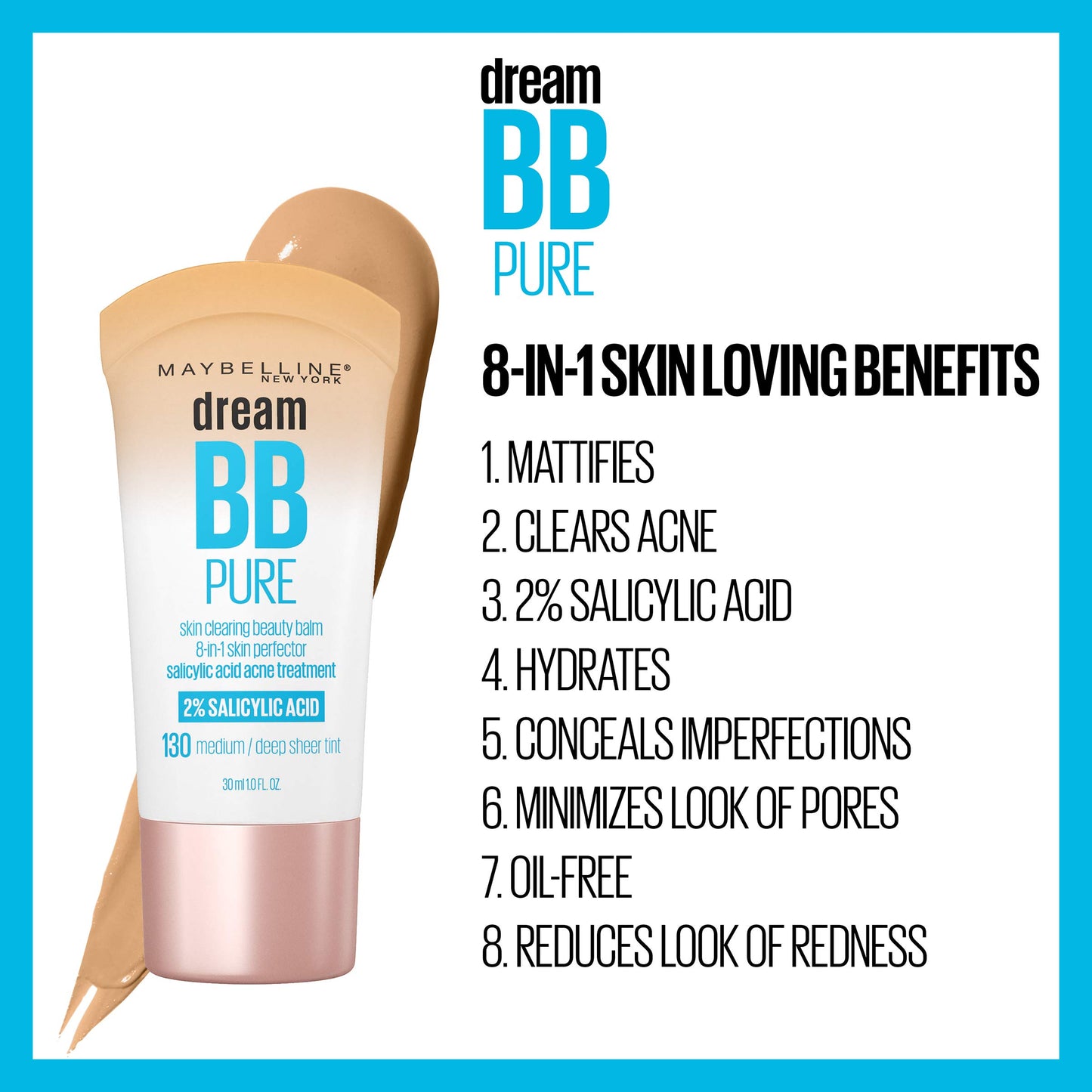 Maybelline Dream Pure Skin Clearing BB Cream, 8-in-1 Skin Perfecting Beauty Balm With 2% Salicylic Acid, Sheer Tint Coverage, Oil-Free, Light, 1 Count