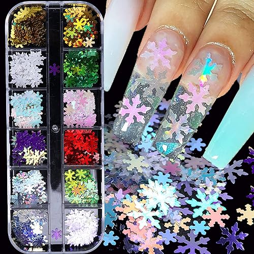 Snowflake Glitter Nail Sequins - 12 Grids 3D Colorful Christmas Holographic Nail Flakes Glitter Confetti Sticker Decals Manicure Nail Design Makeup