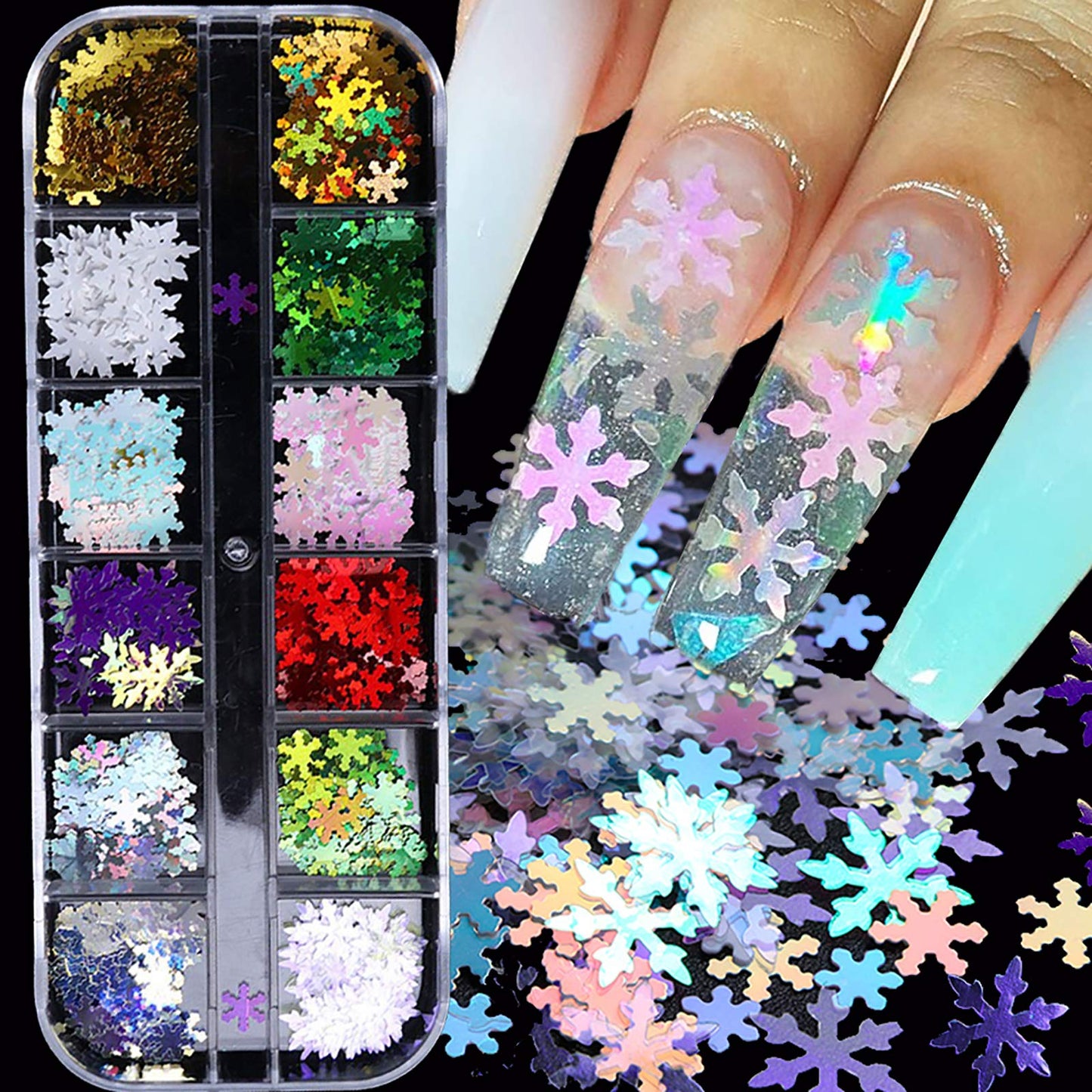 Snowflake Glitter Nail Sequins - 12 Grids 3D Colorful Christmas Holographic Nail Flakes Glitter Confetti Sticker Decals Manicure Nail Design Makeup