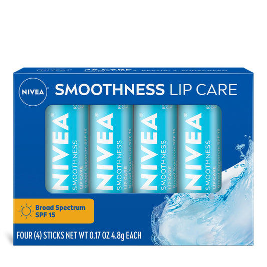 NIVEA Smoothness Lip Care, Sunscreen Lip Balm with SPF 15 Broad Spectrum, Shea Butter, Nourishing Oils and Vitamin C & E, 3-in-1 Moisture, Repair