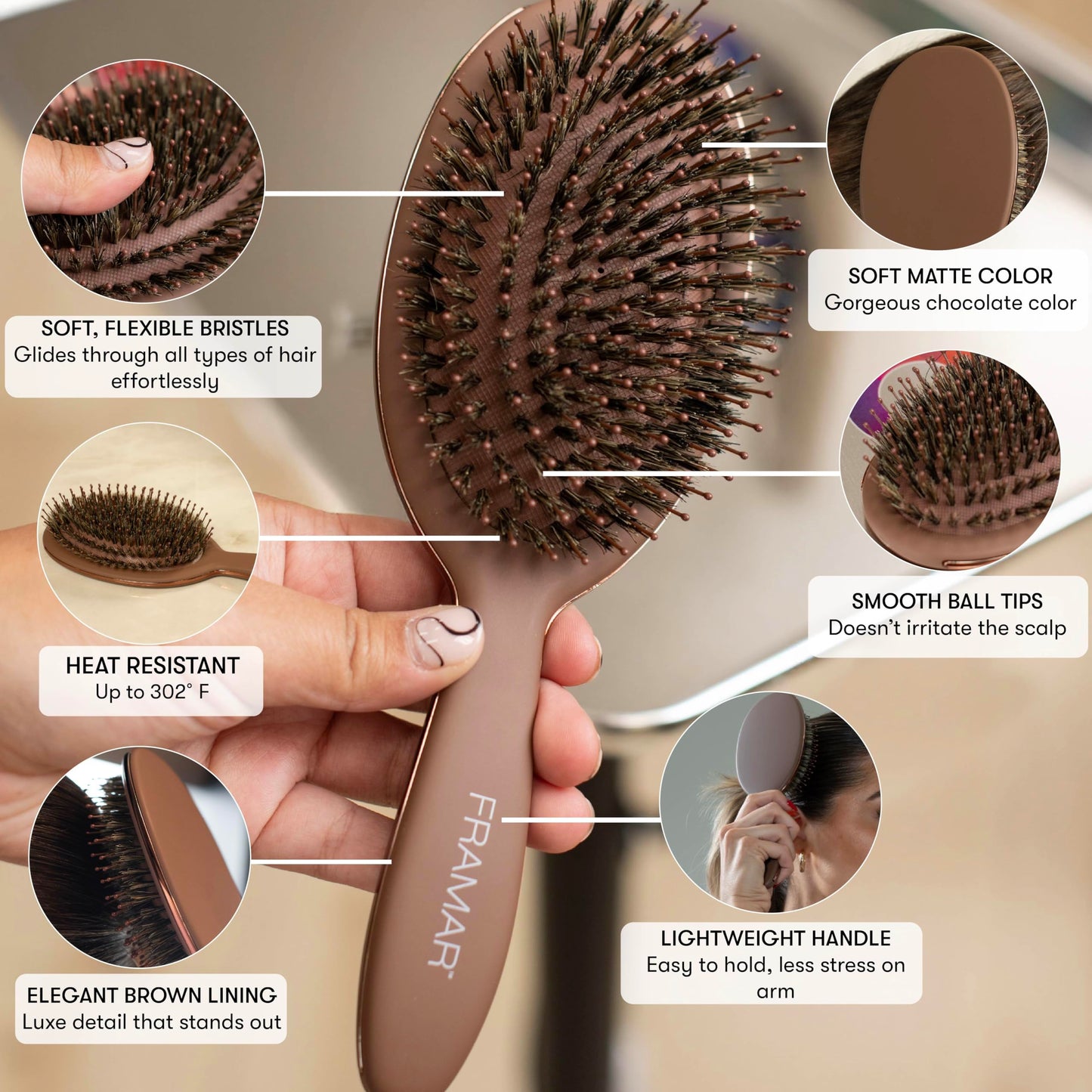 FRAMAR Soft Boar Bristle Hair Brush For Women - Boars Hair Brush For Women, Boar Brush For Fine Hair, Hairbrush For Fine Hair, Soft Bristle Brush Beauty and Personal Care FRAMAR