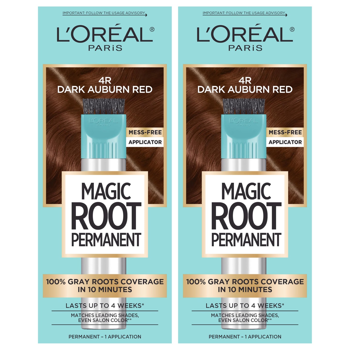 L’Oréal Paris Magic Root Permanent Hair Color, 10 Minute Hair Dye Kit to Rescue Roots with 100% Gray Hair Coverage, 4R Dark Auburn Red, 2 Pack