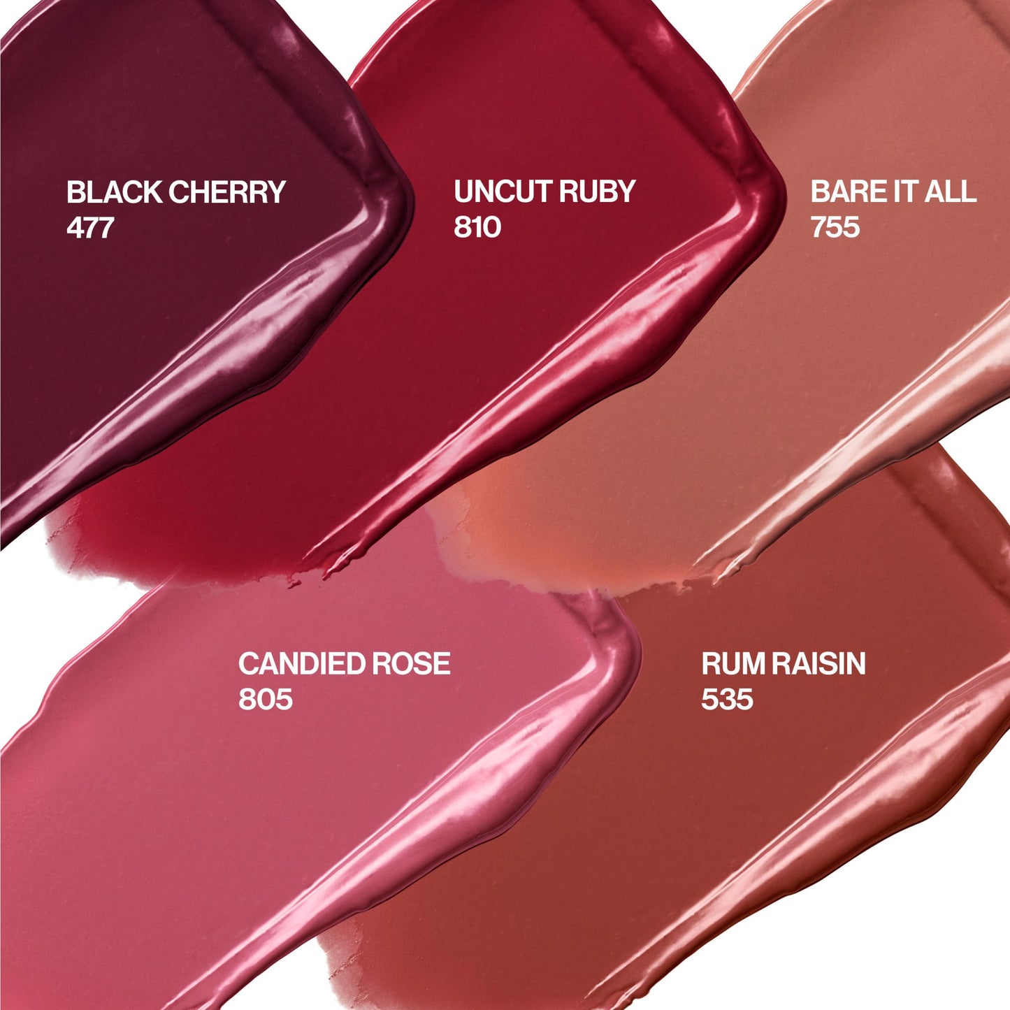 REVLON Super Lustrous Lipstick Gift Set, 5-Piece, Creamy Formula, Moisturized Feel, 755 Bare It All, 477 Black Cherry, 535 Rum Raisin, 805 Candied