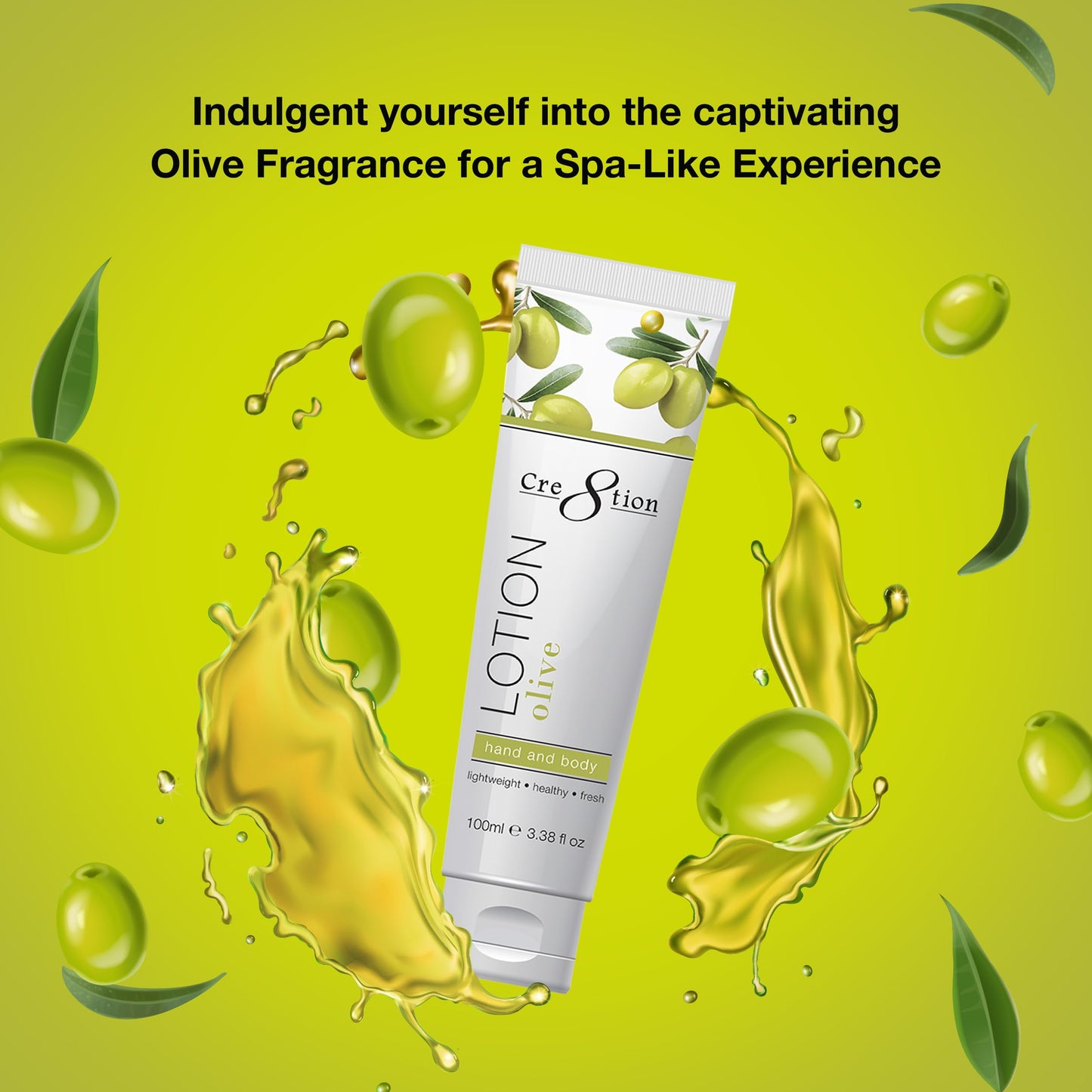 Cre8tion Spa Olive Hand & Body Lotion, Luxurious Lightweight Moisturizer for Silky, Smooth Skin, 3.3 Fl Oz