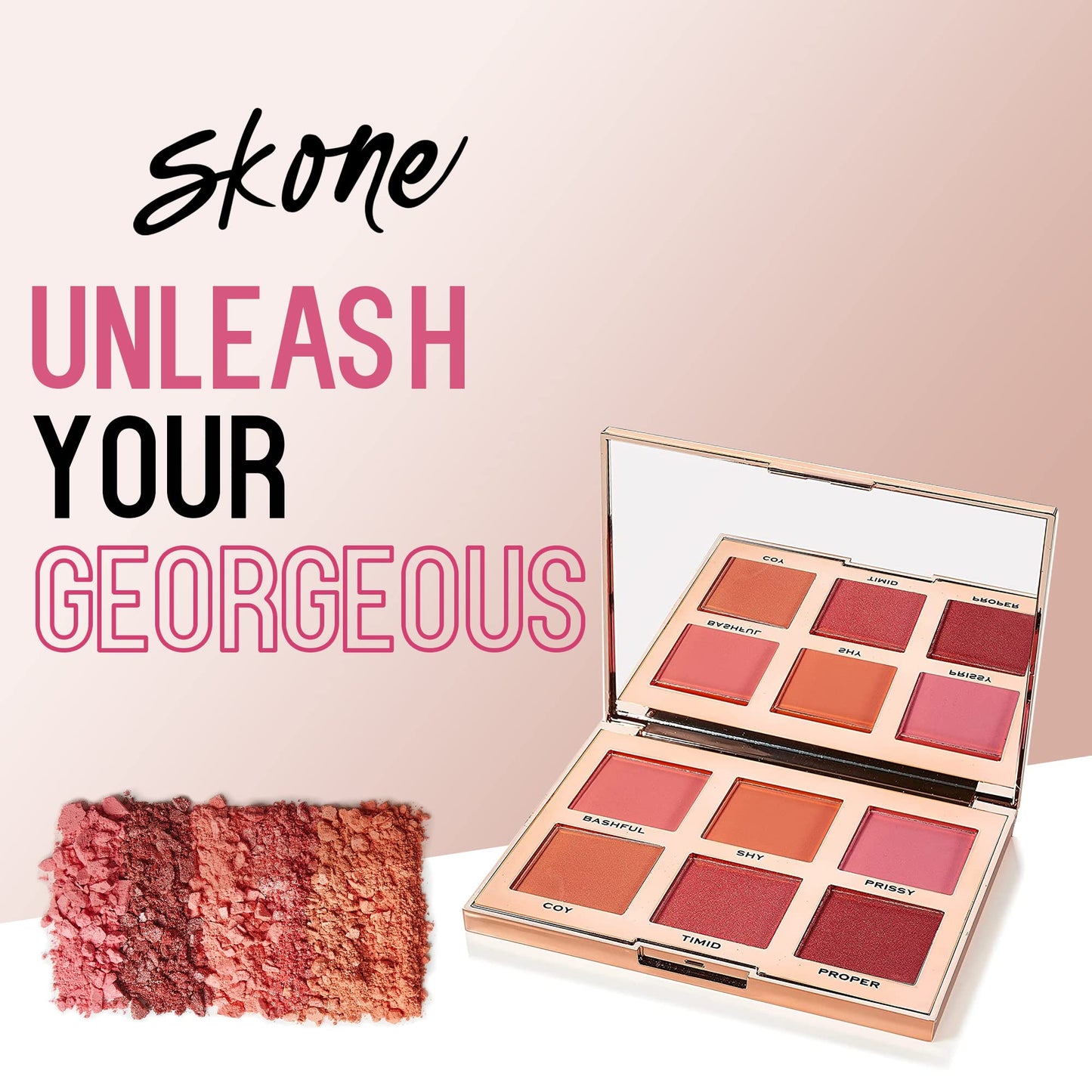Skone Flushed & Flirtatious Make up Blush Palette - Blush Makeup as Eyeshadow, Blush, Highlighter in One Palette - Matte & Shimmer Glow of Pink
