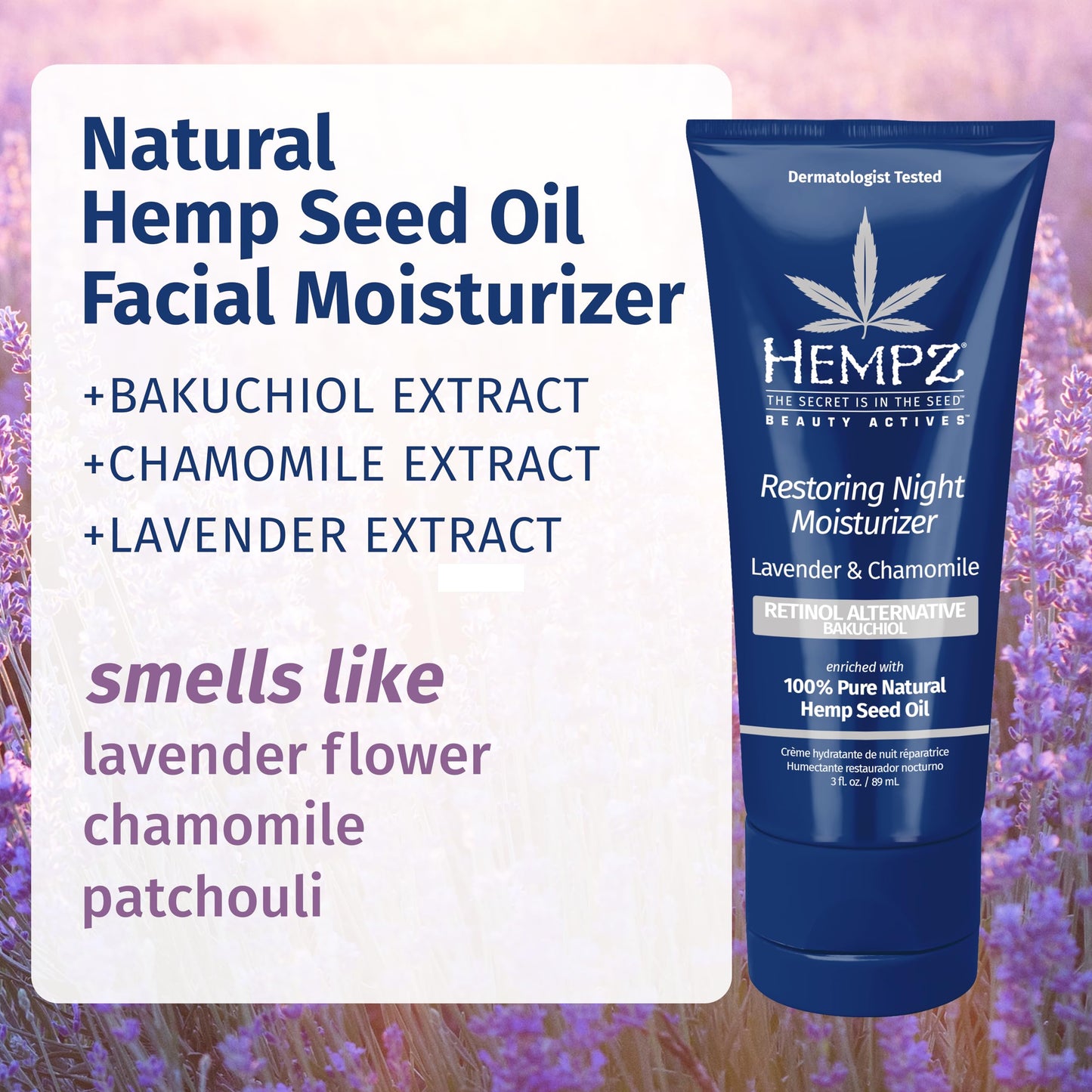 Hempz Lavender & Chamomile Restoring Night Moisturizer - Hydrating Night Cream Rich with Minerals, Vitamin C, & Hempseed Oil to Hydrate & Repair