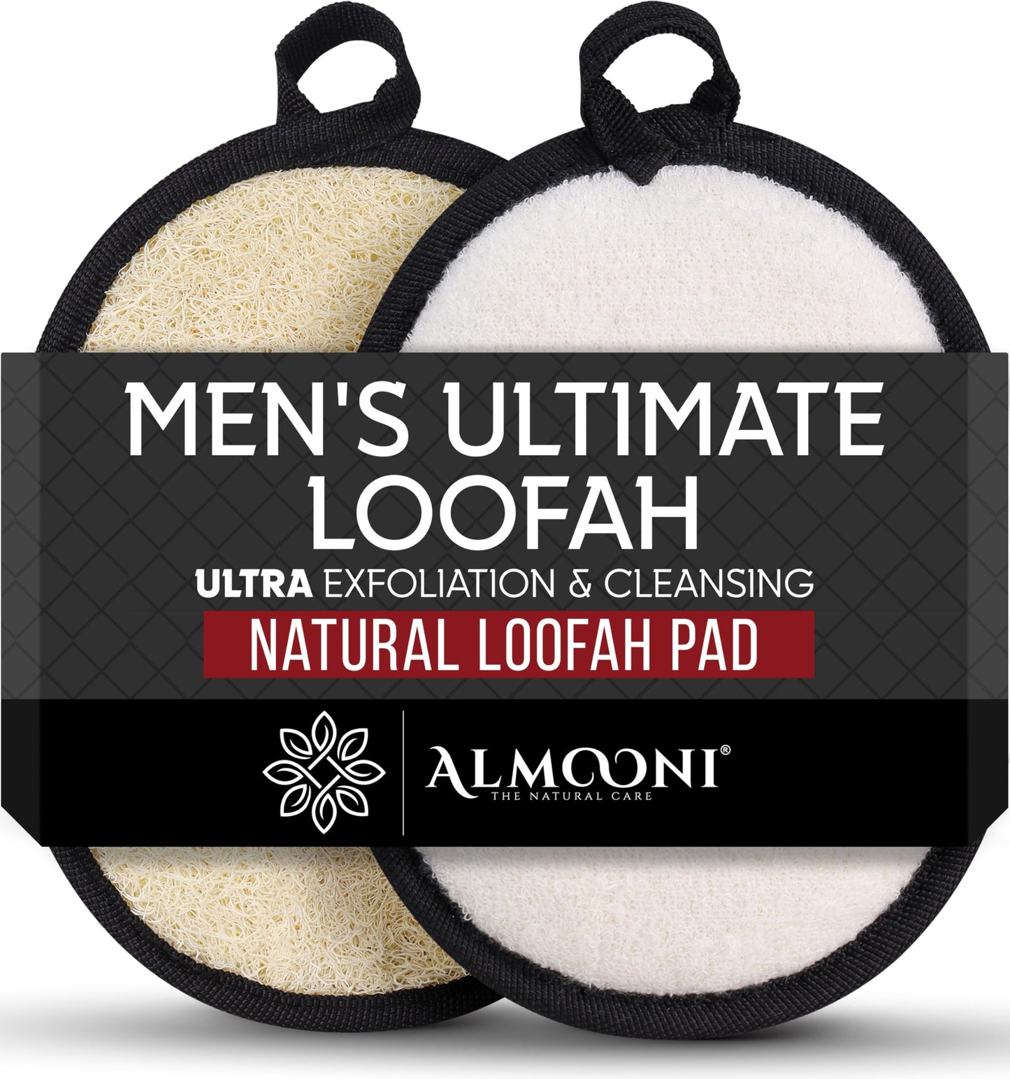 Almooni Natural Exfoliating Loofah for Men, Lightly Abrasive Egyptian Loofah Body Scrubber for Men, Dual-Sided with Cotton Back, Hand Strap, Black Beauty and Personal Care ALMOONI