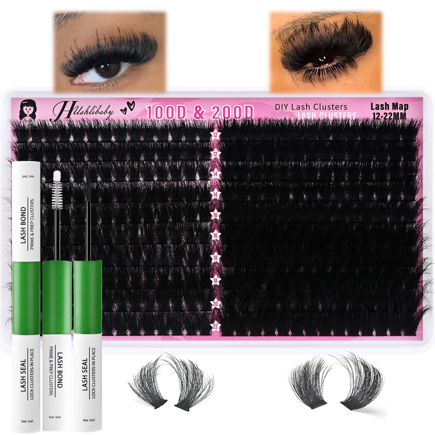 Lash Clusters Kit 100D+200D Mega Lashes Clusters 12-22mm Wispy Individual Thick Volume Eyelash Extensions 280Pcs with Bond and Seal Waterproof DIY Beauty and Personal Care Hushlibaby Default Title