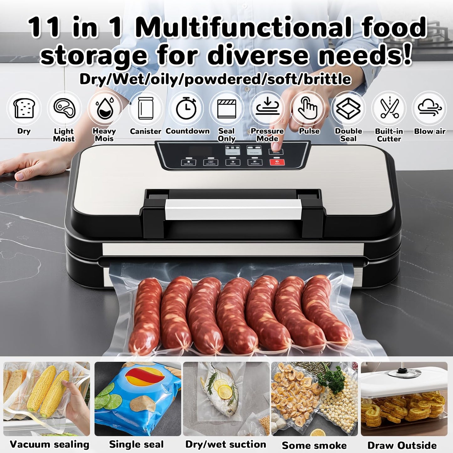 BYIECLD 95Kpa Powerful Vacuum Sealer Machine, 11-in-1 Automatic Food Sealer with Double Seal, Built-in Cutter & Bag Storage, for Dry Moist Food…