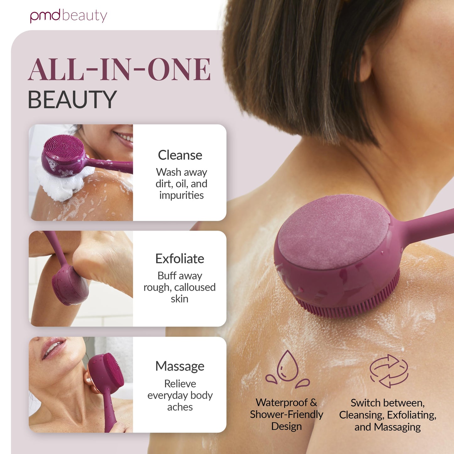 PMD Clean Body - Smart Body Cleansing Device with Silicone Brush & Three Interchangeable Attachments - Waterproof - SonicGlow Vibration - Cleanse