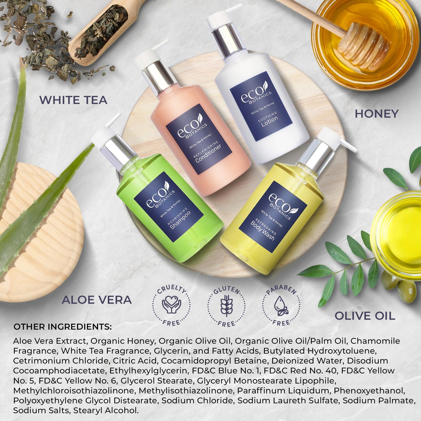 Eco Botanics Hotel Amenities Set | 10.14oz Pump Bottles | Shampoo, Conditioner, Hand & Body Wash, and Lotion | Set of 4