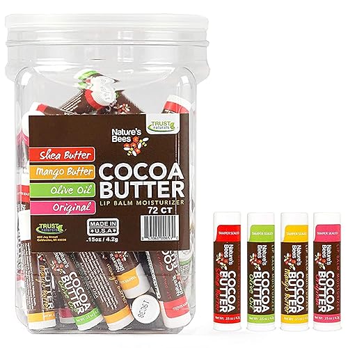 Nature's Bees, Cocoa Butter Lip Balms, Lip Moisturizer Treatment - Pack of 72, (Original Variety Assortments - Original, Olive Oil, Mango Butter, Shea