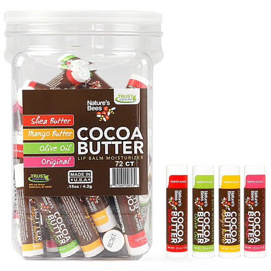 Nature's Bees, Cocoa Butter Lip Balms, Lip Moisturizer Treatment - Pack of 72, (Original Variety Assortments - Original, Olive Oil, Mango Butter, Shea