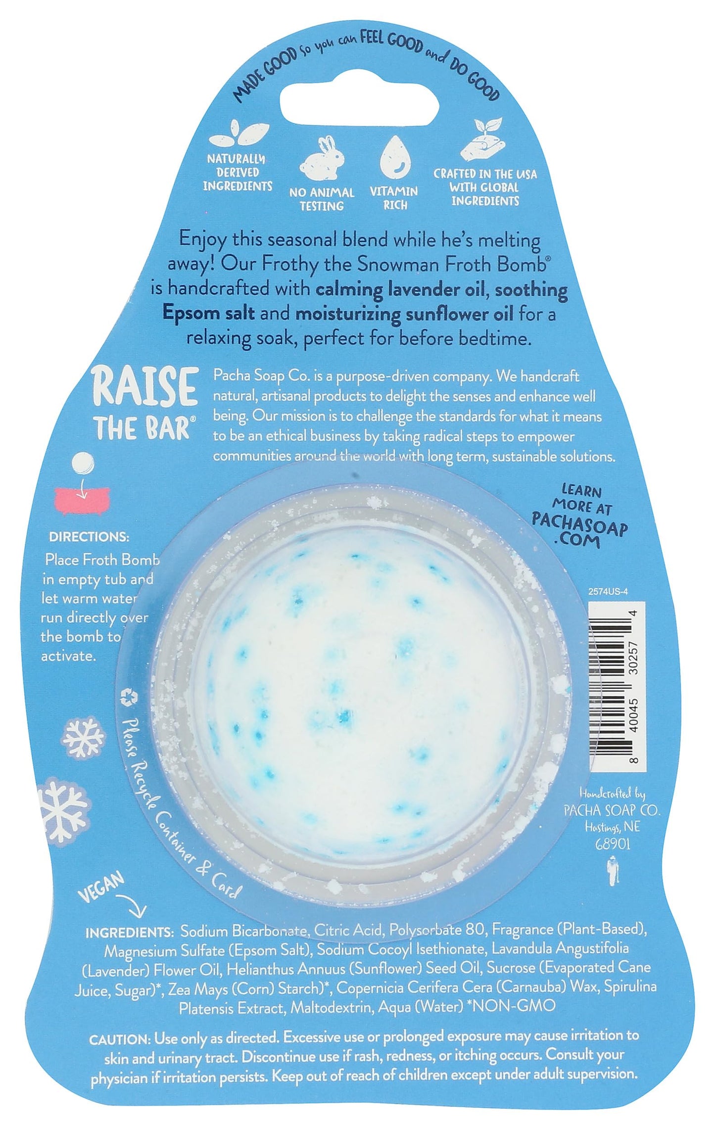 PACHA SOAP Frothy The Snowman Froth Bomb, 3 OZ