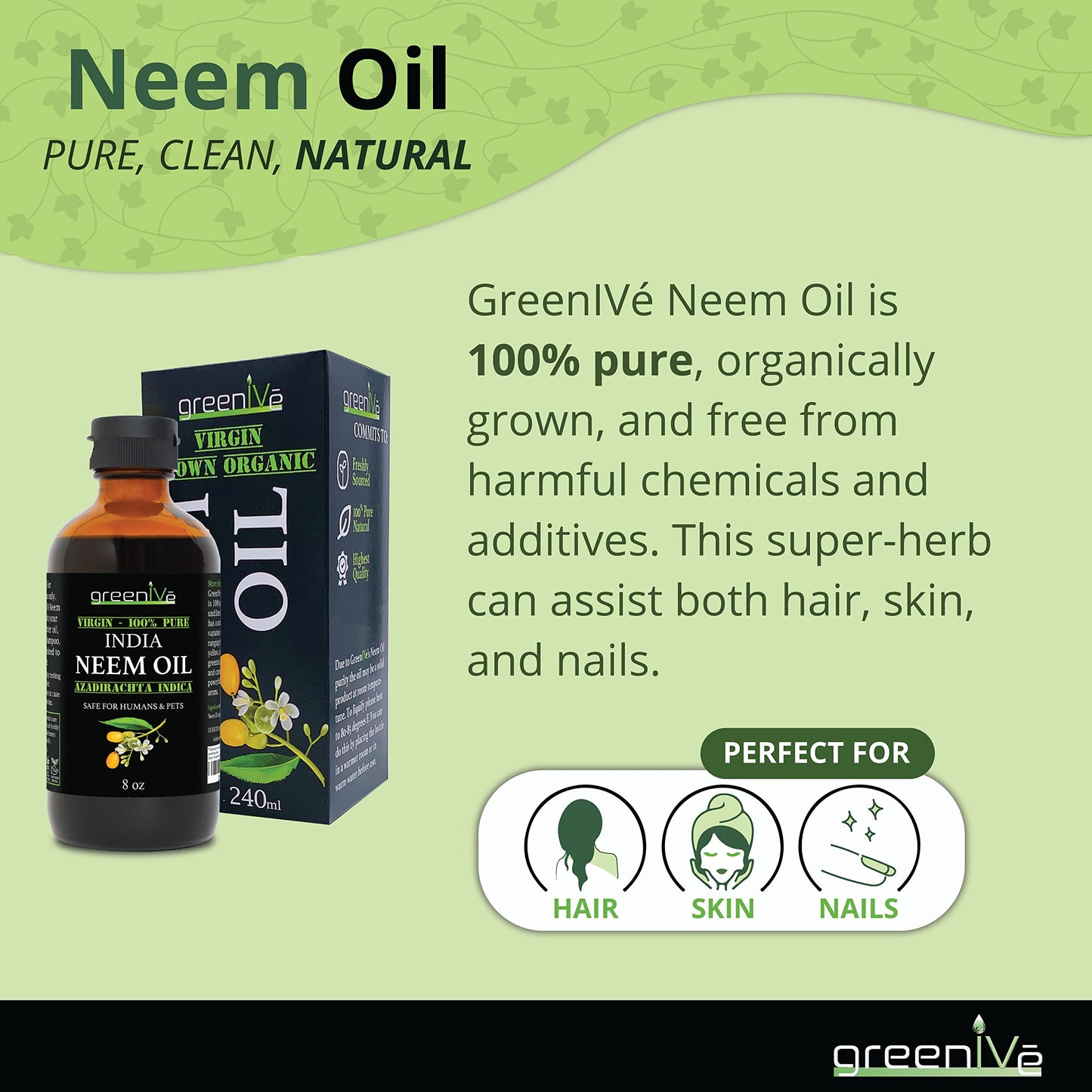 GreenIVe 100% Organically Grown Neem Oil, Cold-Pressed Virgin, Pure & Natural, 32 oz - Ideal for Gardening, Skin Care, Hair Care & Pet Care