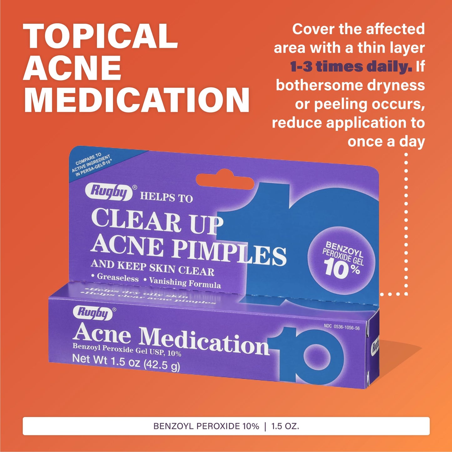 Rugby Acne Medication Benzoyl Peroxide Gel USP, 10% - Clear Up Acne Pimples - Greaseless, Vanishing Formula - 1.5 Oz (42.5g) - 3 Pack
