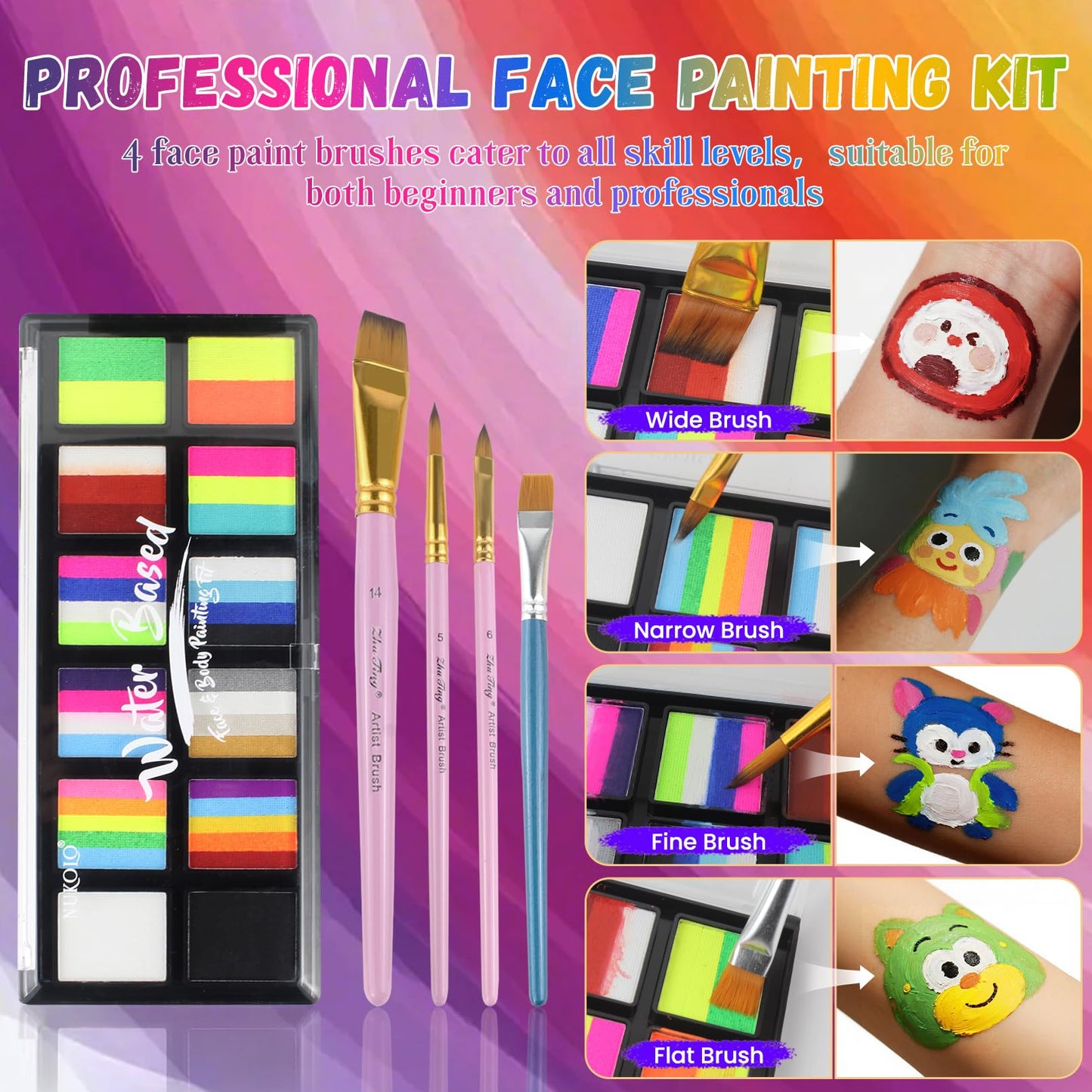 Water Activated Face Paint, Highly Pigmented Facepaint Makeup Kit, Quick-Drying Body Paint for Adults, Split Cake Face Paint with 4 Paint Brushes