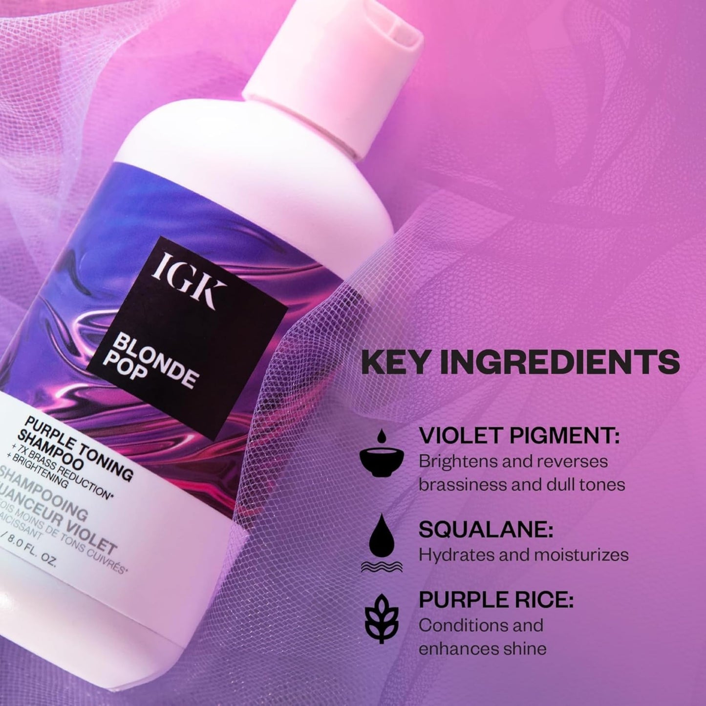 IGK BLONDE POP Purple Toning Shampoo & Conditioner Set | Neutralizes Brass + Brightens Blonde | Vegan + Cruelty-Free | 8 oz (Pack of 2)