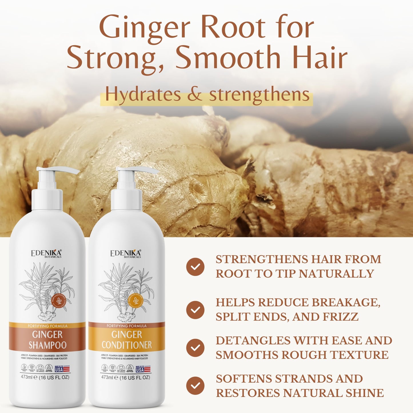Edenika Botanicals Ginger Shampoo and Conditioner Set, Fortifying Formula with Certified and Organic Ingredients Naturally Nourish, Smooth