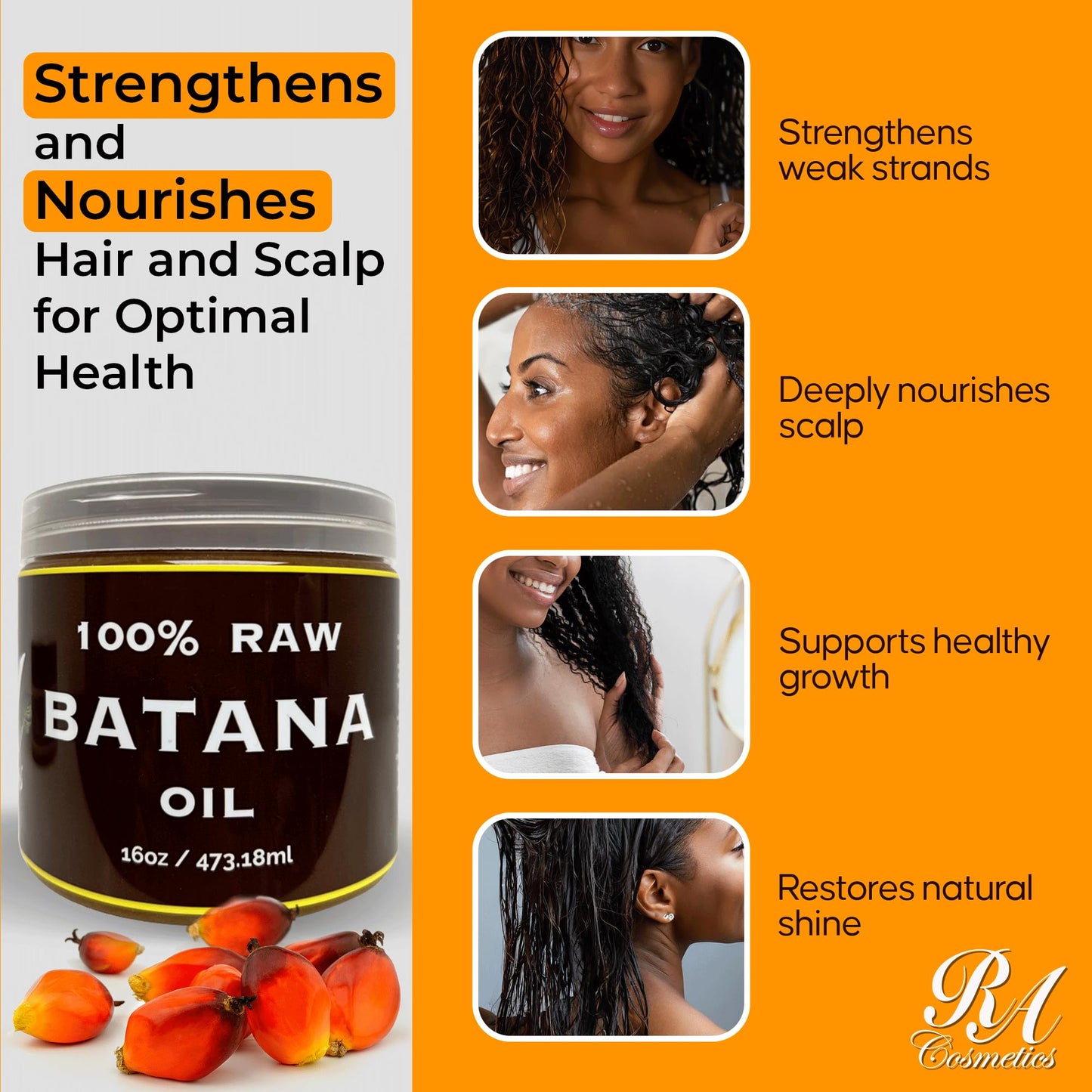 RA COSMETICS 100% Natural Unrefined Batana Hair Oil for Healthy Hair, 16 oz | Dr Sebi Batana Oil Hair Moisturizer for Damaged Hair Repair