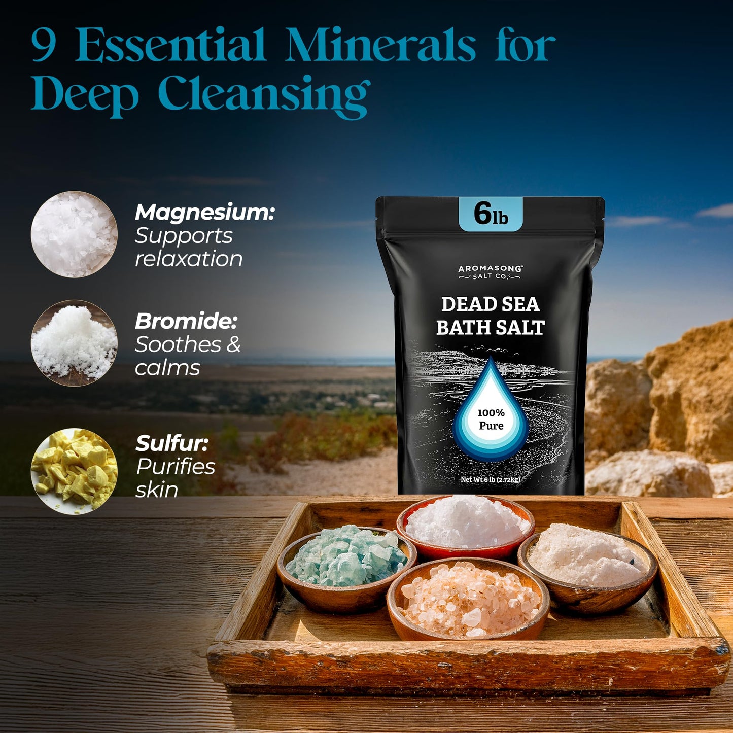 Aromasong Dead Sea Salt Bath Soak 6 Lbs. Bulk Pack - 100% Natural Dead Sea Salts for Soaking, Relaxation, and Detoxification of Skin, Dead Sea Salts
