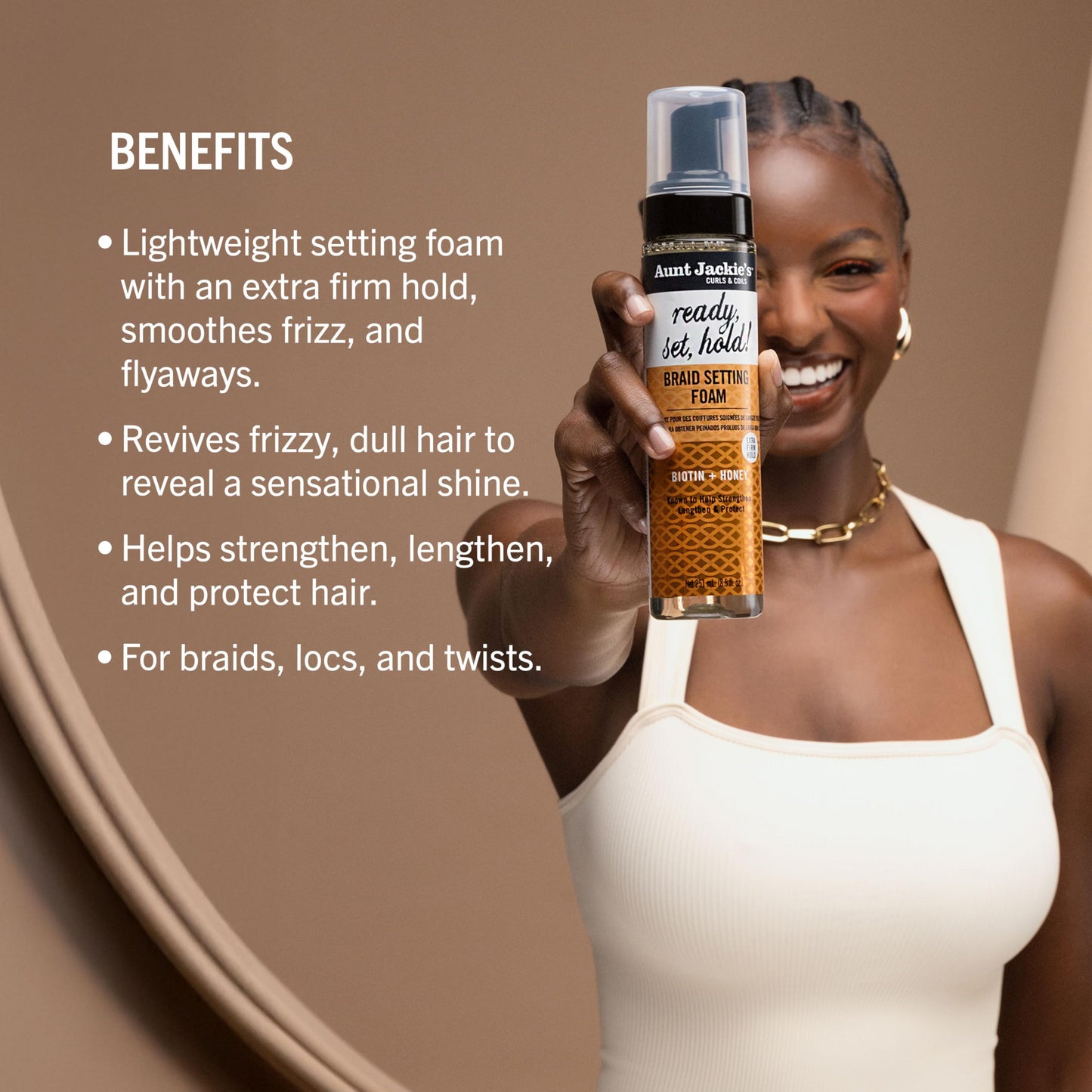 Aunt Jackie's Curls & Coils Braid + Twist Collection Ready, Set, Hold Braid Setting Foam with Extra Firm Hold, 8.5 fl oz