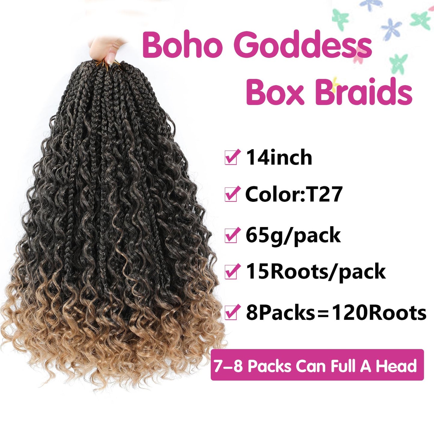 Wodun 14inch Goddess Box Braids Crochet Hair Pre Looped Box-Braids Crochet-Hair with Curly Ends For Black Women Synthetic 3X Bohemian Box Braiding