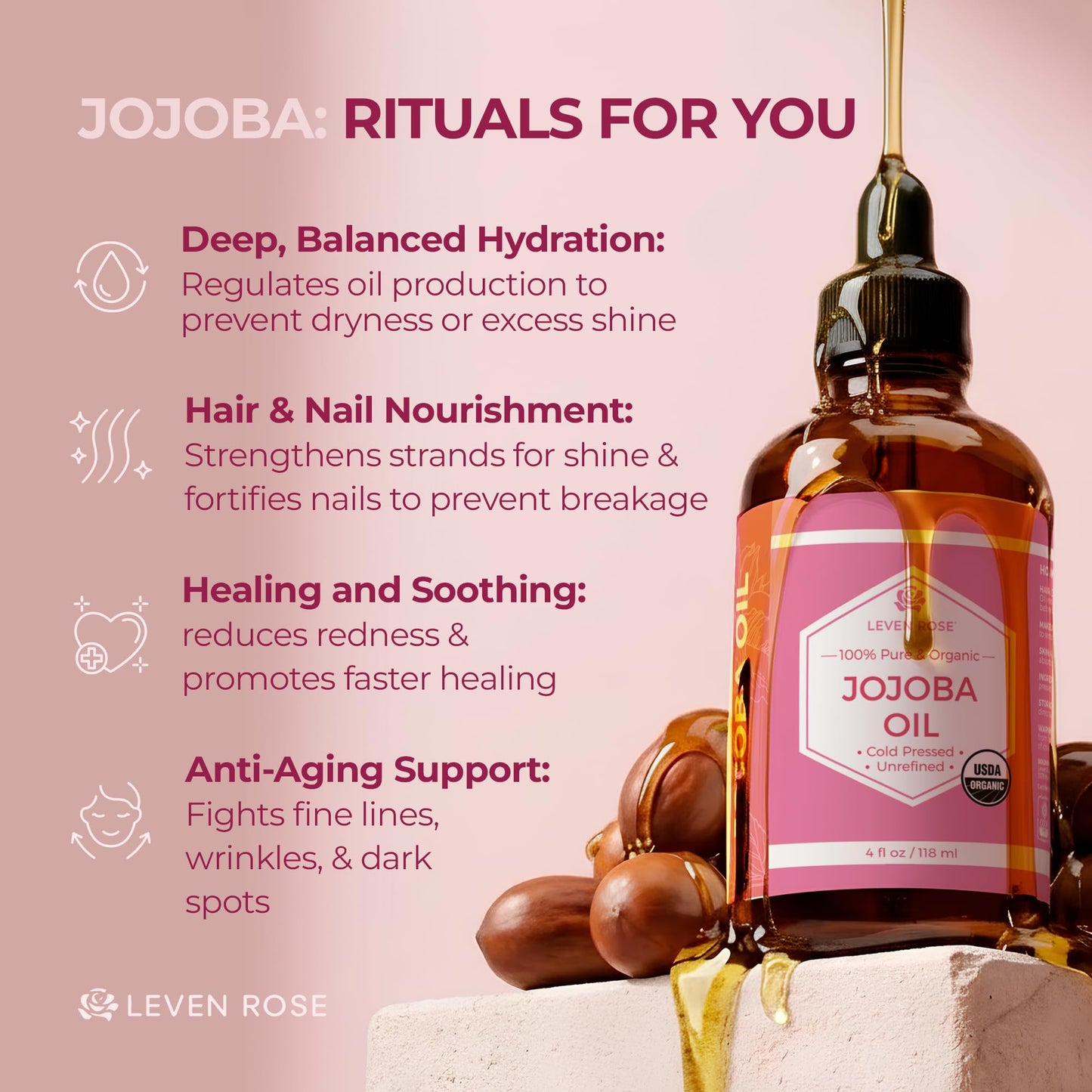 Leven Rose Jojoba Oil, Pure Cold Pressed Natural Unrefined Moisturizer for Skin Hair and Nails 16 Fl. oz Beauty and Personal Care Leven Rose