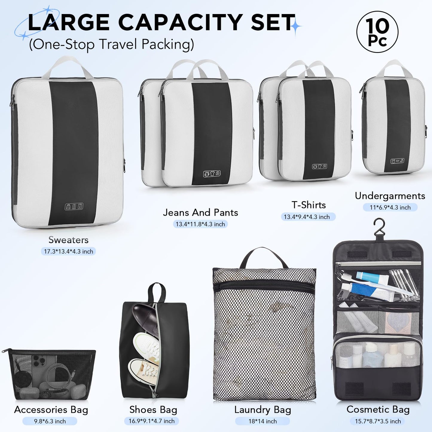 OlarHike 10-Set Compression Packing Cubes – Expandable Travel Luggage Organizers for Suitcase & Clothes – Black