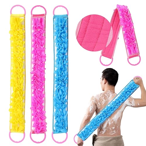 3 PACK Double-Sided Lace Cloth Back Loofah Scrubber Bath Scrub Shower Sponge Long Exfoliating Back Scrubber Scratcher Strap With Handle, Cream Skin