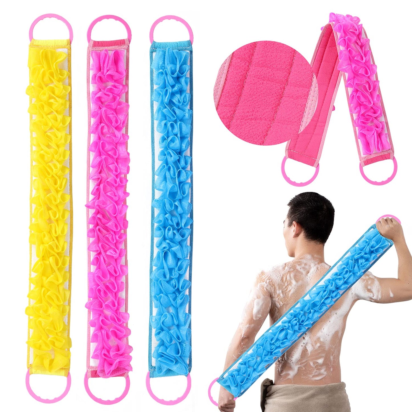 3 PACK Double-Sided Lace Cloth Back Loofah Scrubber Bath Scrub Shower Sponge Long Exfoliating Back Scrubber Scratcher Strap With Handle, Cream Skin