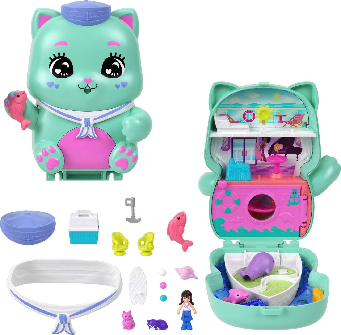 Polly Pocket Dolls and Playset, Set Sail Kitty Compact, Travel Toy with 1 Micro Doll, Pet Cats, Food & Fashion Styling Accessories