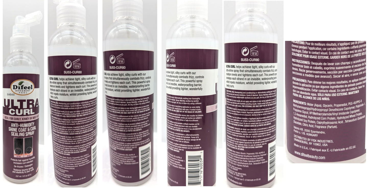 Difeel Ultra Curl Sealing Spray, 8 oz - Hair Treatment for Curly Hair, Anti-Frizz and Humidity-Proof