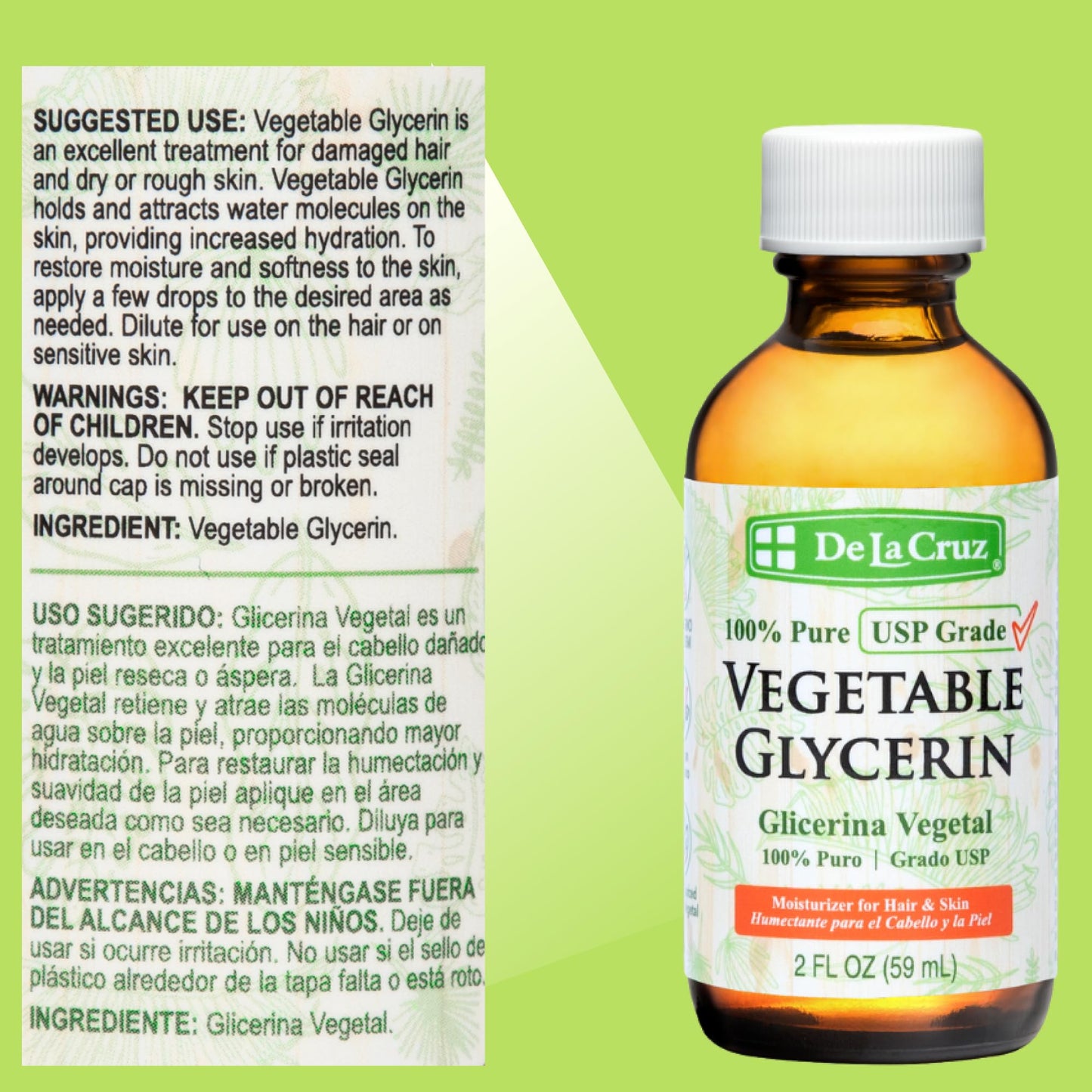 De La Cruz Vegetable Glycerin, 100% Pure Liquid Glycerine USP Grade for Hair, Skin and DIY Projects 2 FL. OZ. (6 Bottles)