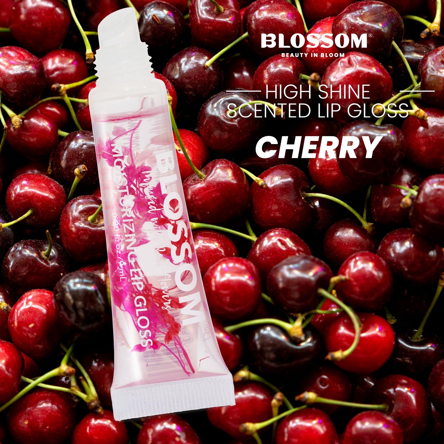 Blossom Lip Gloss Tubes, Cherry Scented Thick Clear High Shine Moisturizing Flower Lip Gel with Nourishing Jojoba Seed Oil, Infused with Real Flowers