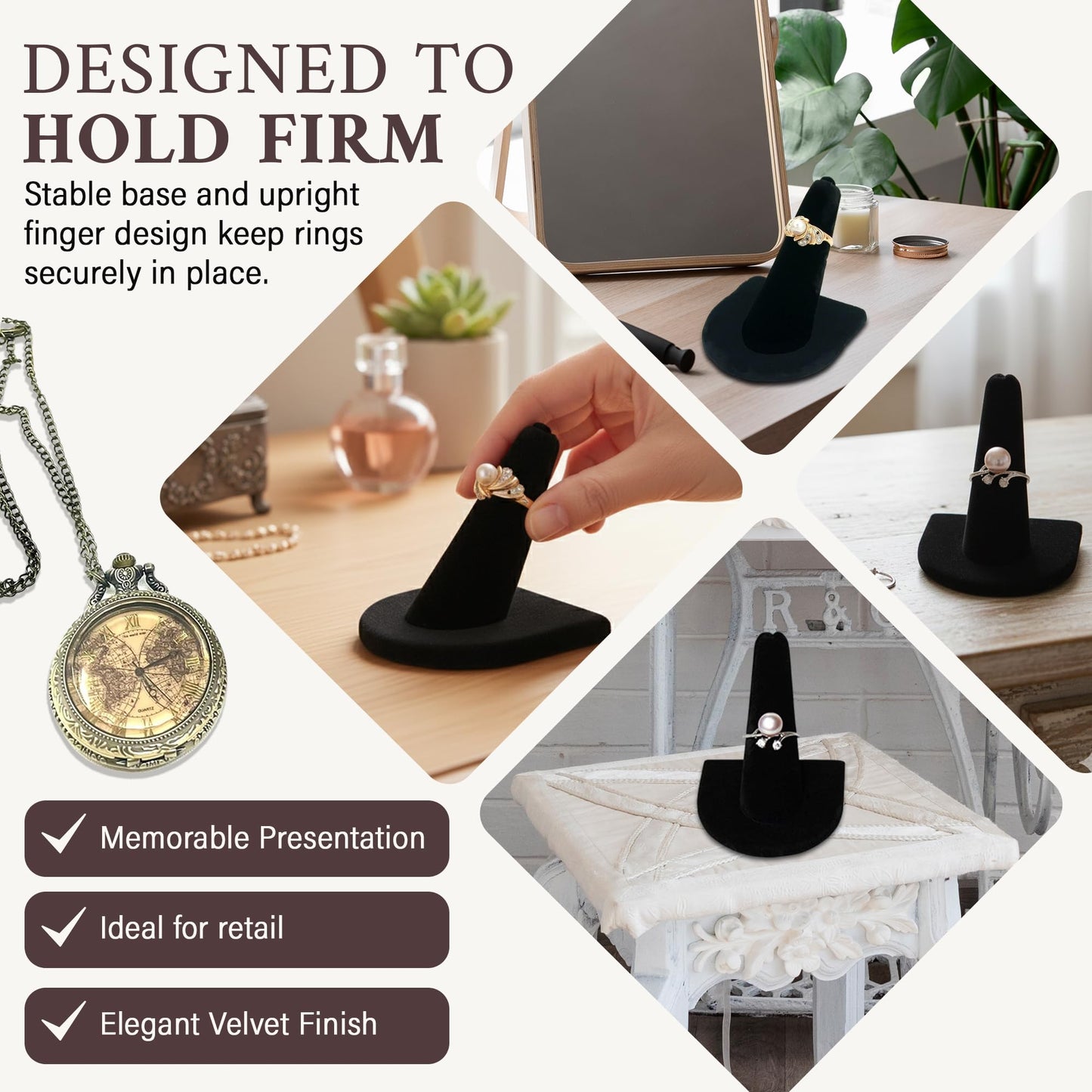 RJ Displays 2 Pcs Black Velvet Rings Display Stand, Jewelry Holder Organizer for Wedding, Showcase & Selling-Perfect Ring Display Case-Jewelry Ring…