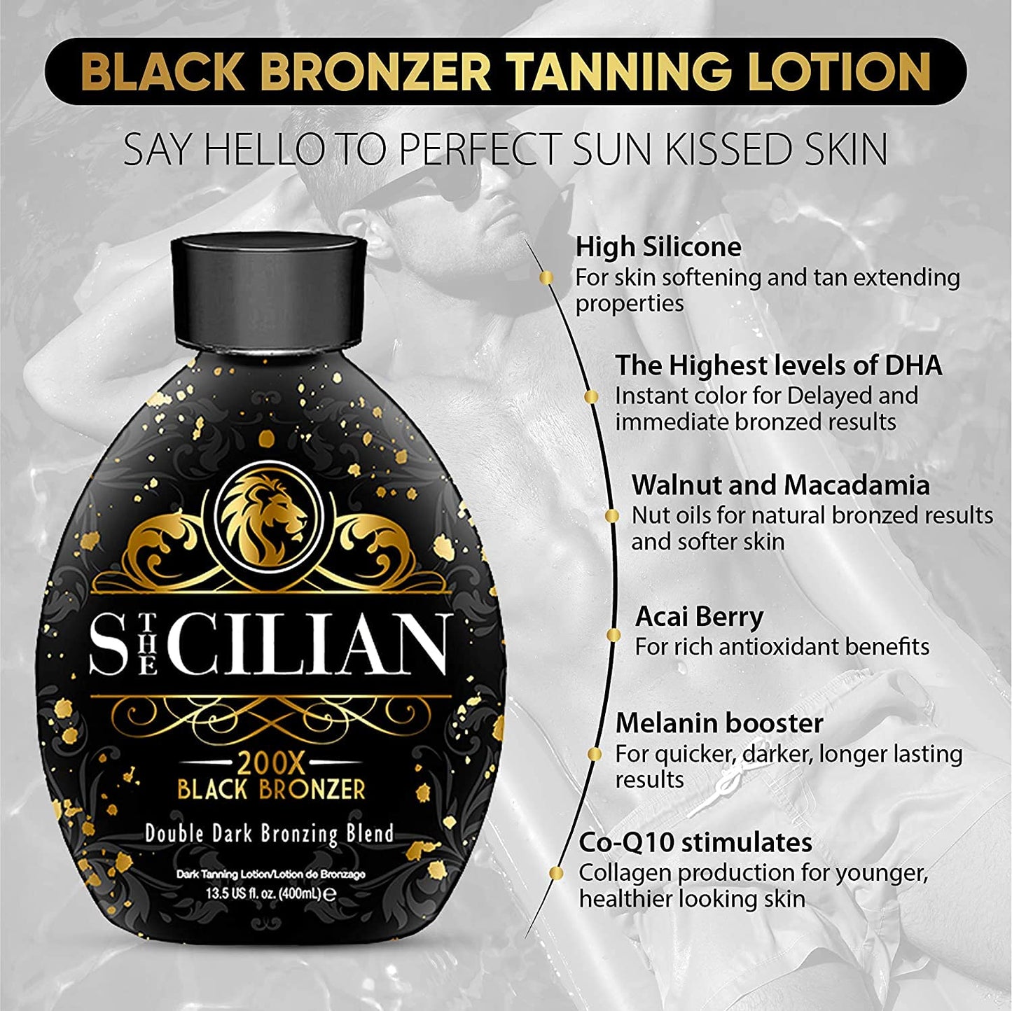 The Sicilian 200X Dark Black Bronzer Tanning Lotion - BEST for Glowing Skin - Gradual Bronzing & Sunless Self Tanner Lotion - Luxurious Sunless Body