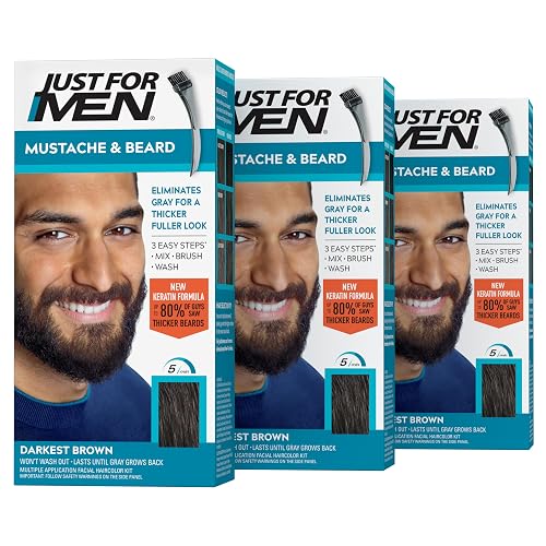 Just For Men Mustache & Beard, Beard Coloring for Gray Hair with Brush, With Keratin Biotin Aloe and Coconut Oil for Healthy Facial Hair - Darkest