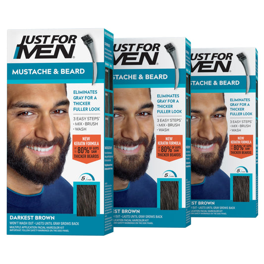 Just For Men Mustache & Beard, Beard Coloring for Gray Hair with Brush, With Keratin Biotin Aloe and Coconut Oil for Healthy Facial Hair - Darkest