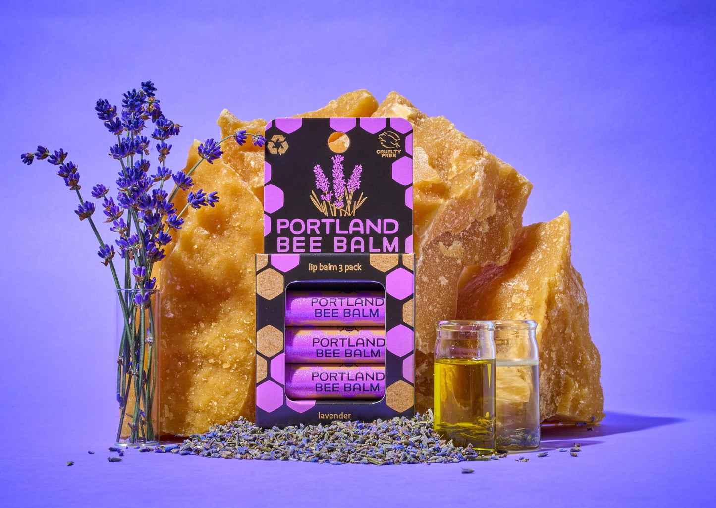 Portland Bee Balm All Natural Handmade Beeswax Based Lip Balm, Lavender 3 Count
