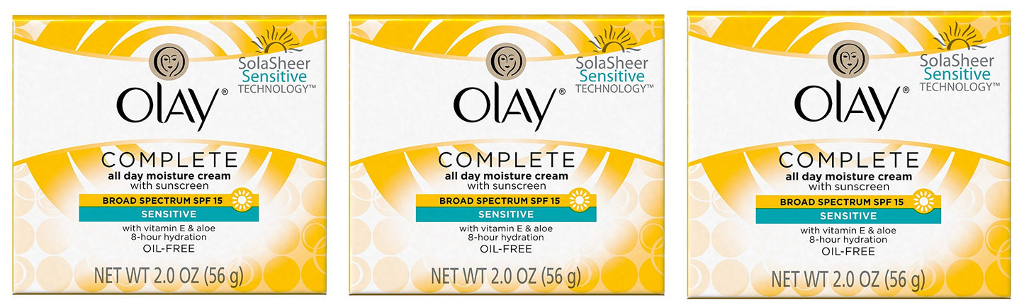Olay Face Moisturizer, Complete All Day Moisture Face Cream with Sunscreen, SPF 15, Sensitive Skin, 2 Oz (Pack of 3)