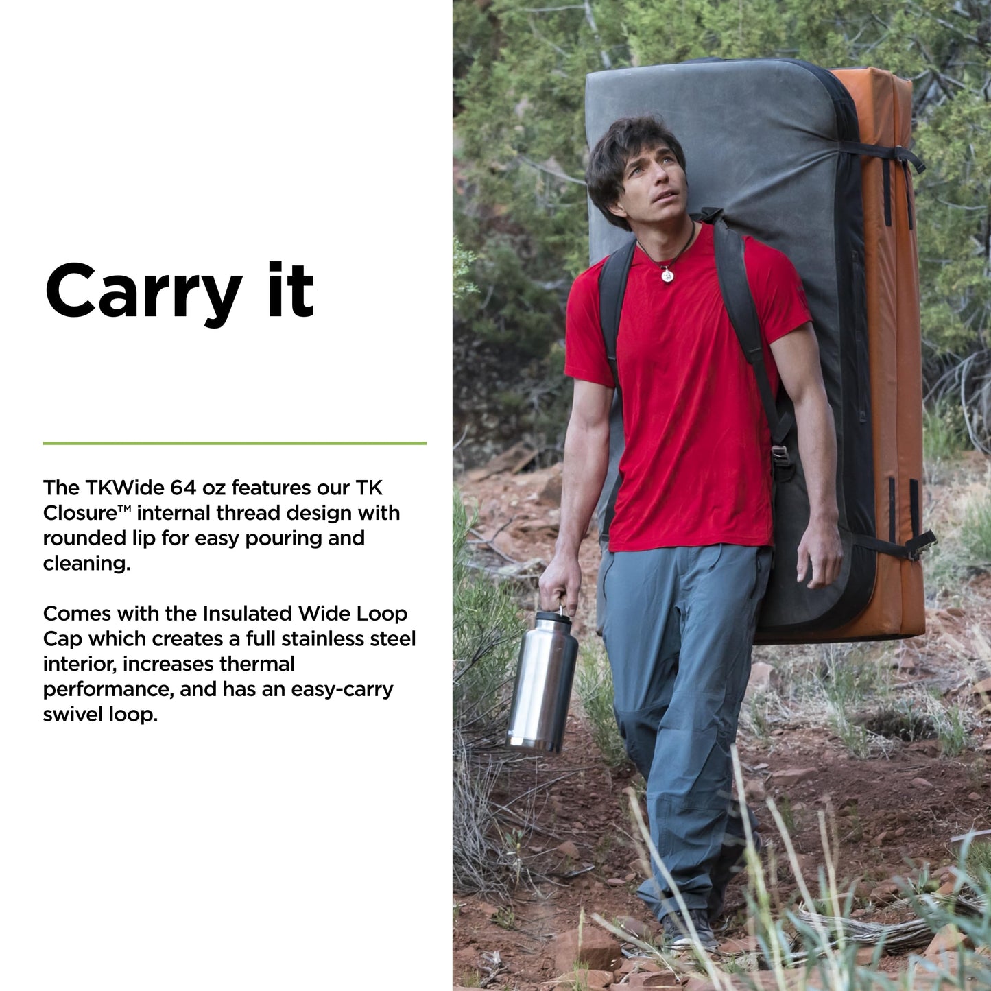 Klean Kanteen TKWide Insulated Water Bottle with Loop Cap - Stainless Steel Water Bottle - 64 oz, Brushed Stainless