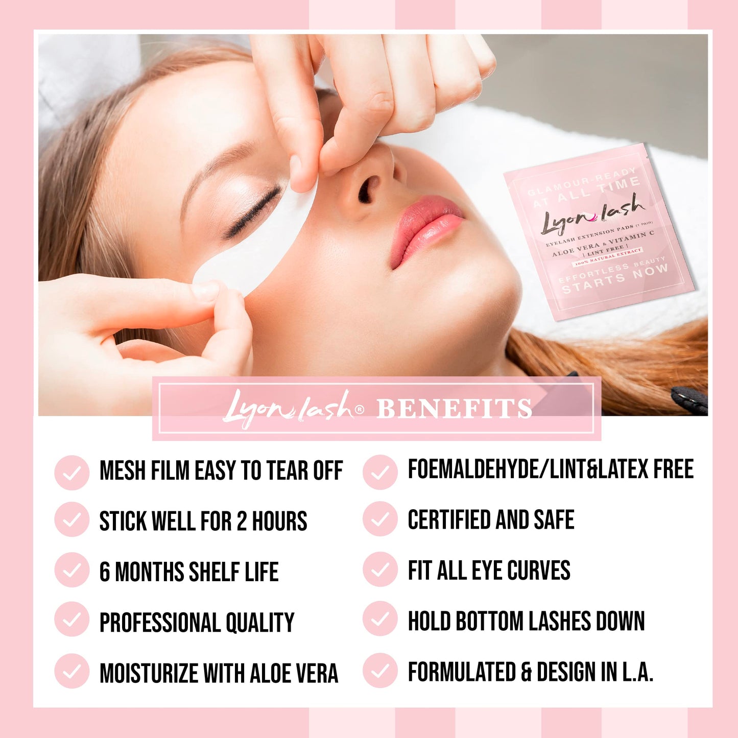 100 Pairs Eyelash Extension Under Eye Gel Pads by Lyon Lash - Lint Free with Aloe Vera Hydrogel Eye Patches, Premium Eyelash Extension Supplies