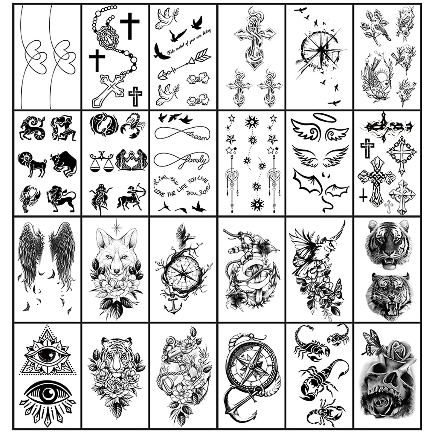 Yazhiji 36 Sheets Temporary Tattoos Stickers, 12 Sheets Fake Body Arm Chest Shoulder Tattoos for Men or Women with 24 PCS Tiny Black Tattoos Beauty and Personal Care Yazhiji