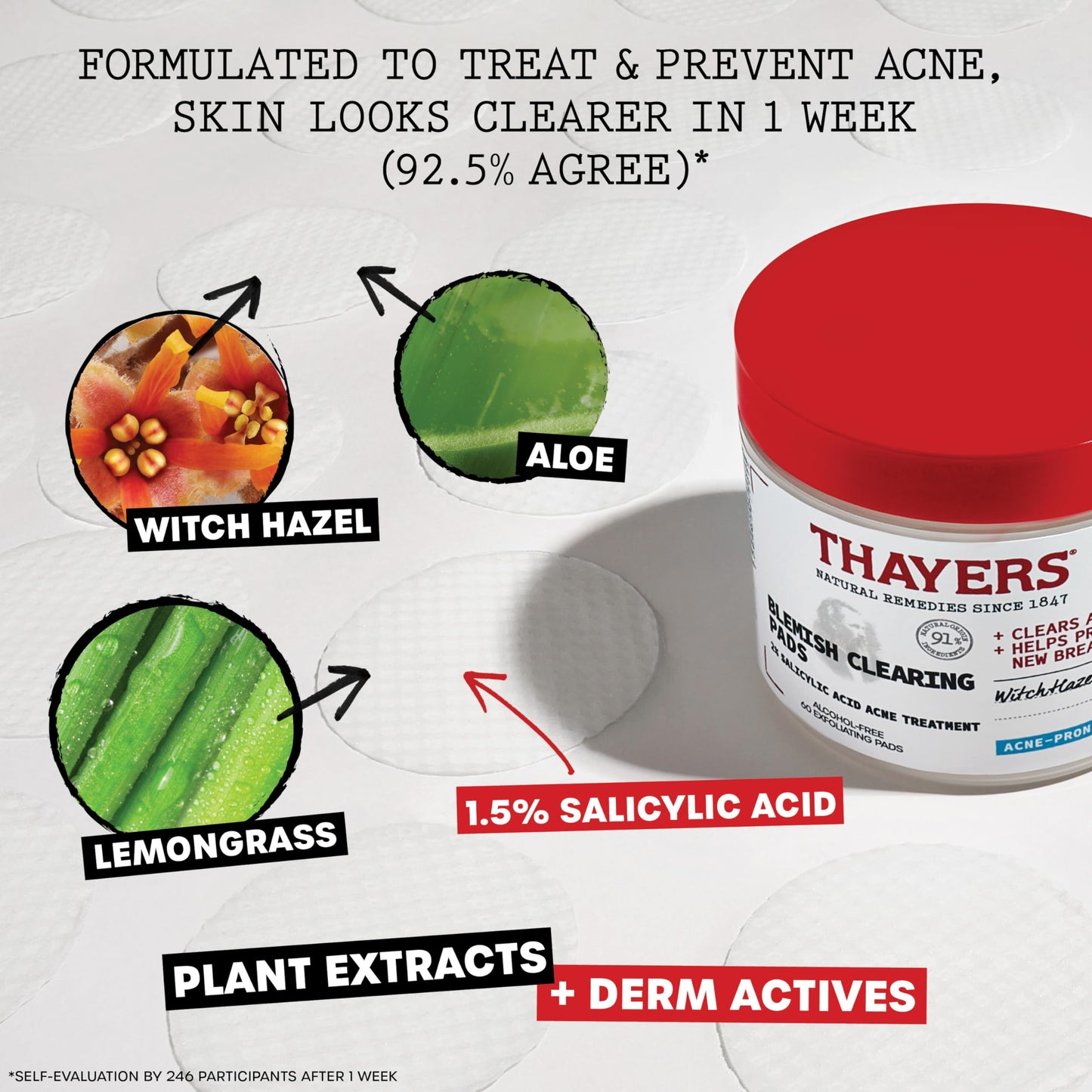 Thayers Blemish Clearing Acne Pads, Salicylic Acid Acne Treatment for Face, Pore Reducing, Exfoliating, and Soothing Skincare, Witch Hazel Toner Pads
