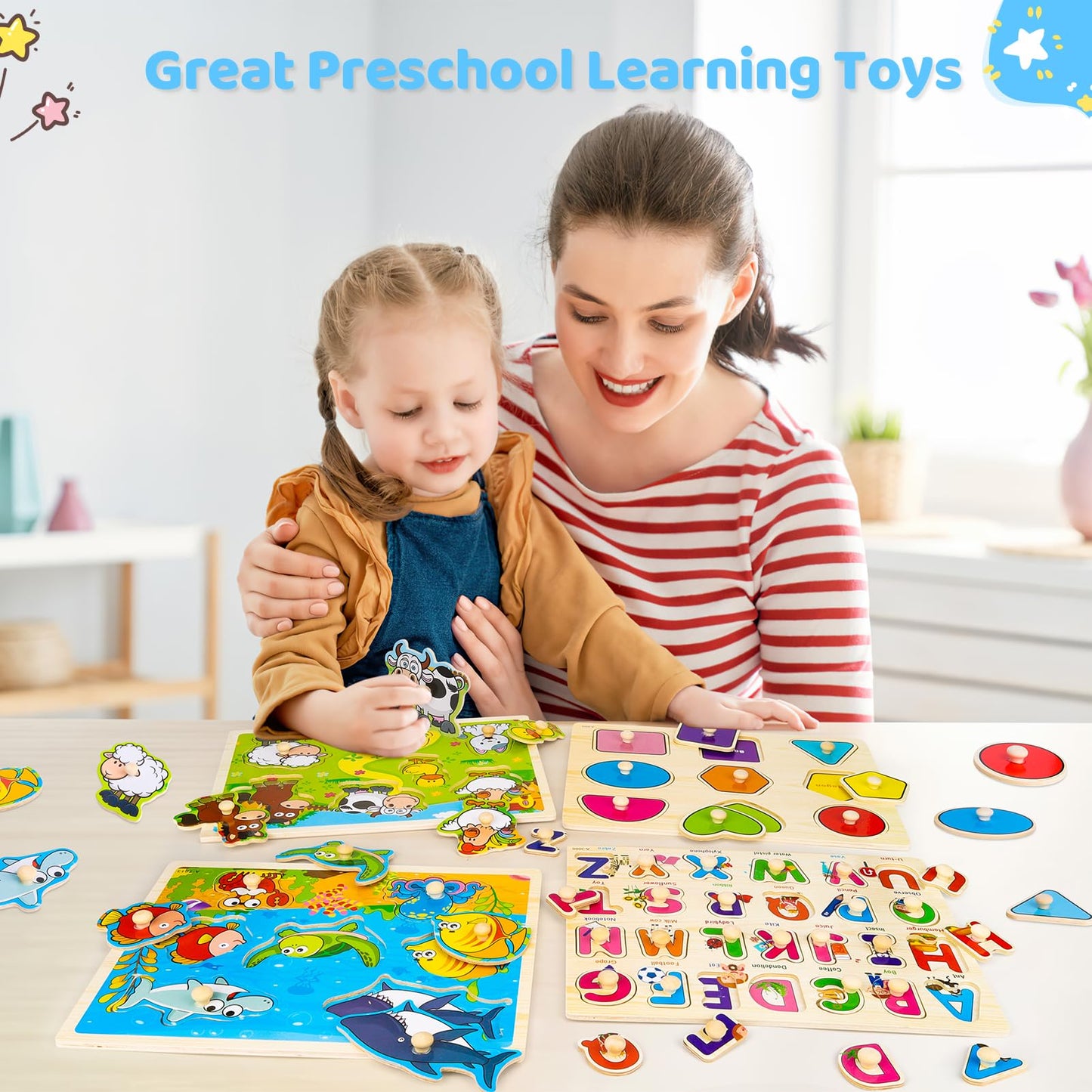 Wooden Peg Puzzles for Toddlers – 4 Pack Montessori Toys with Animals, Shapes & Alphabet, Learning Puzzles for Kids Ages 1-4 Boys & Girls