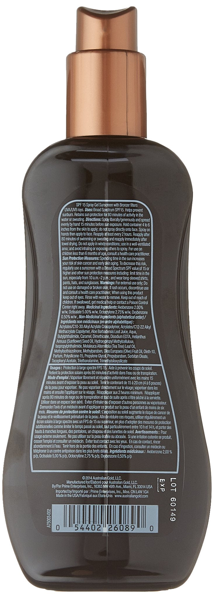 Australian Gold Exotic Blend Spray Gel Sunscreen with Instant Bronzer SPF 15-8 fl oz