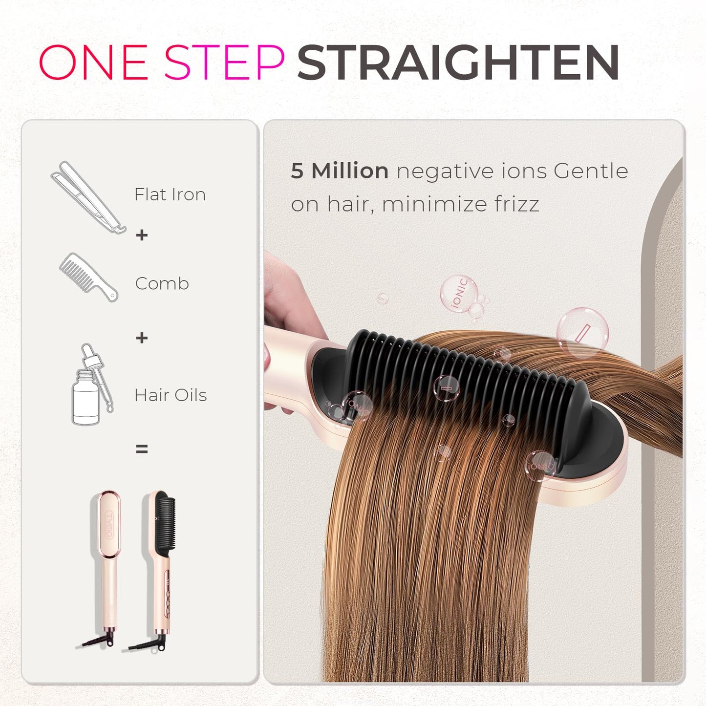 TYMO Ring Plus Ionic Hair Straightener Brush - Straightening Comb with Negative Ions for Women, Titanium Coating, 9 Temp Settings & LED Display, Dual Beauty and Personal Care TYMO